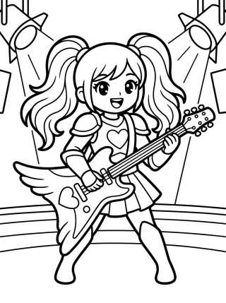 Desenho de Guerreira K-Pop Guitarrista no Palco para colorir e imprimir grátis