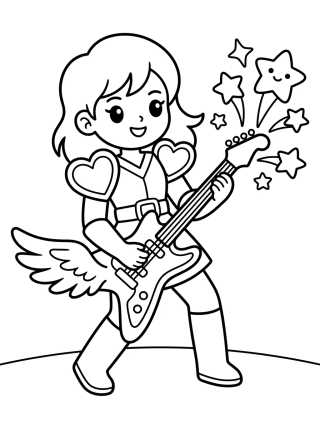 Desenho de Guerreira K-Pop Tocando Guitarra Elétrica para colorir e imprimir grátis