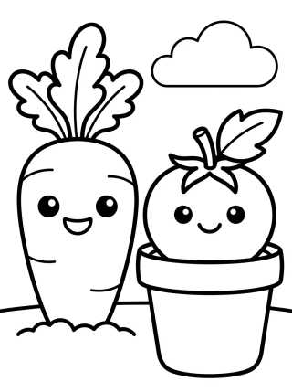 Cenoura e Tomate Fofos na Horta para colorir Desenho de Cenoura e Tomate Fofos na Horta para colorir e imprimir grátis