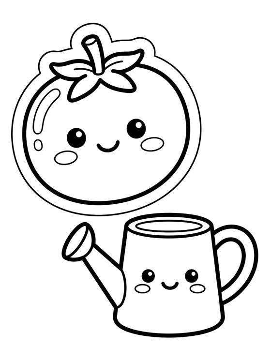 Desenho de Tomate Fofo no Regador para colorir e imprimir grátis