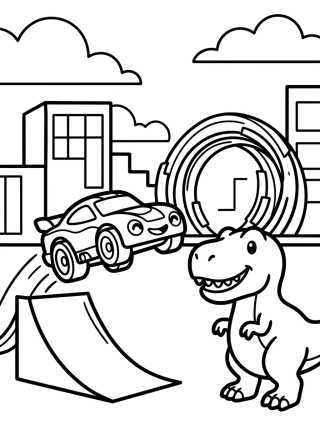 Desenho de Carro Hot Wheels contra o T-Rex para colorir e imprimir grátis