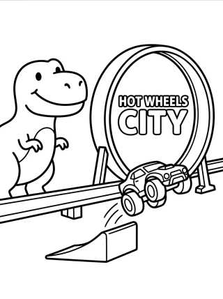 Desenho de T-Rex na Pista Hot Wheels City para colorir e imprimir grátis