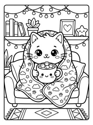 Desenho de Gatinho e Chocolate Quente para colorir e imprimir grátis