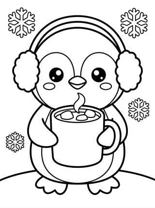 Desenho de Pinguim com Chocolate Quente para colorir e imprimir grátis