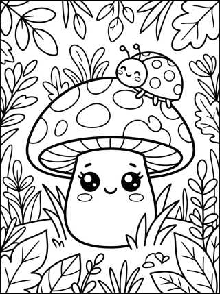 Desenho de Cogumelo Fofo com Joaninha para colorir e imprimir grátis
