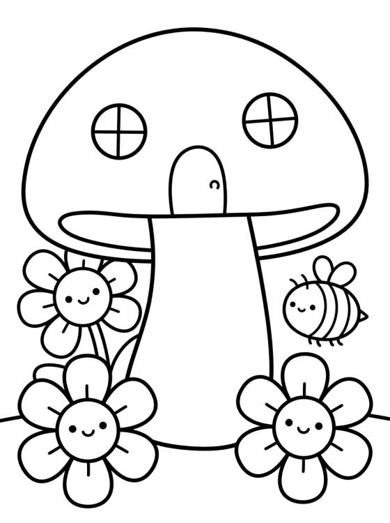 Desenho de Cogumelo Mágico e Flores de Jardim para colorir e imprimir grátis