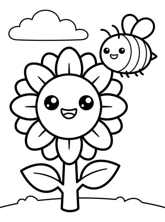 Girassol Fofo com Abelha para colorir Desenho de Girassol Fofo com Abelha para colorir e imprimir grátis