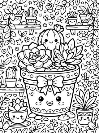 Desenho de Vasinho de Suculentas Fofas para colorir e imprimir grátis