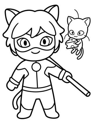 Desenho de Cat Noir com o Kwami Plagg para colorir e imprimir grátis