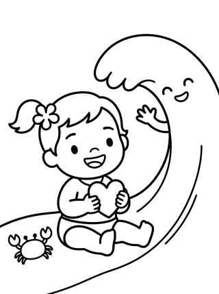 Desenho de Moana Bebê Brincando com o Mar para colorir e imprimir grátis