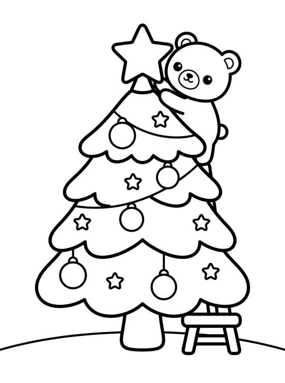 Desenho de Árvore de Natal Enfeitada e Ursinho para colorir e imprimir grátis
