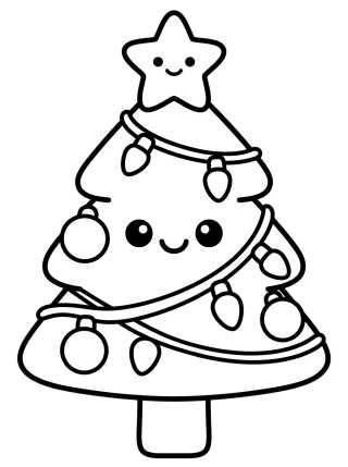 Desenho de Árvore de Natal Kawaii com Estrela para colorir e imprimir grátis