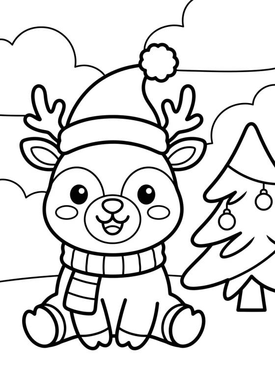 Desenho de Rena de Natal Fofinha para colorir e imprimir grátis