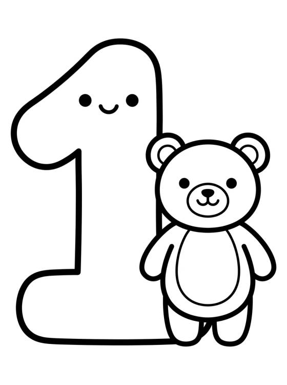 Desenho de Número 1 com Ursinho Fofo para colorir e imprimir grátis