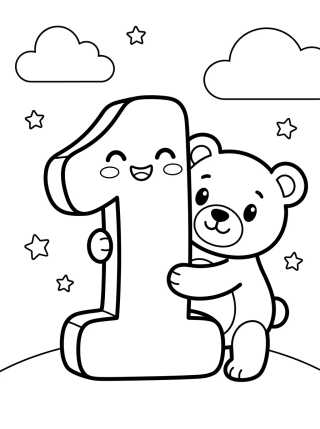 Número 1 com Ursinho para colorir Desenho de Número 1 com Ursinho para colorir e imprimir grátis