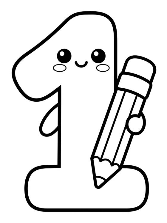 Número 1 Fofo com Lápis para colorir Desenho de Número 1 Fofo com Lápis para colorir e imprimir grátis
