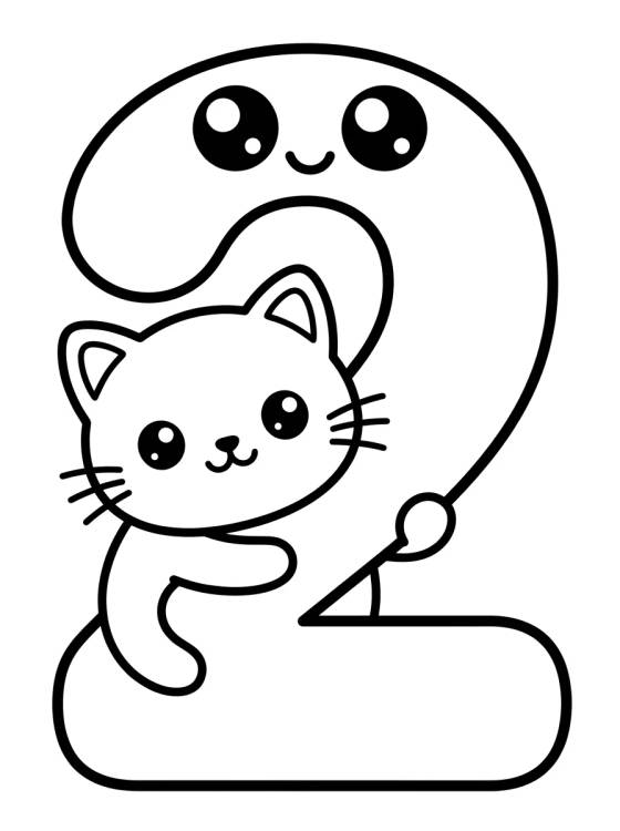Número 2 Alegre com Gatinho para colorir Desenho de Número 2 Alegre com Gatinho para colorir e imprimir grátis