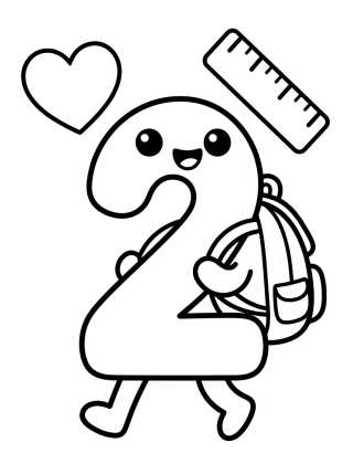 Desenho de Número 2 Divertido com Mochilinha para colorir e imprimir grátis