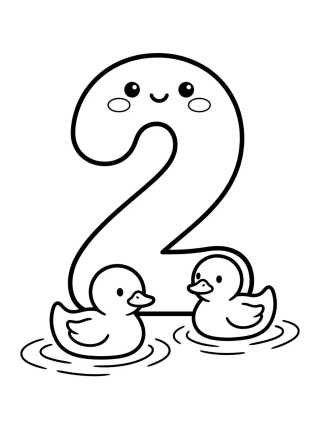 Desenho de Número 2 Kawaii com Dois Patinhos para colorir e imprimir grátis