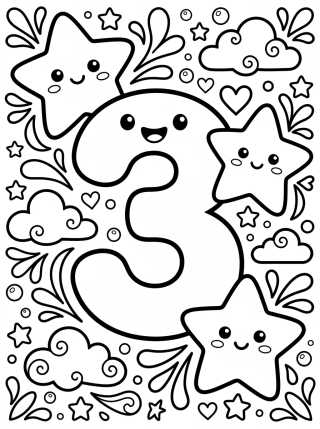Desenho de Número 3 com Estrelas Sorridentes para colorir e imprimir grátis