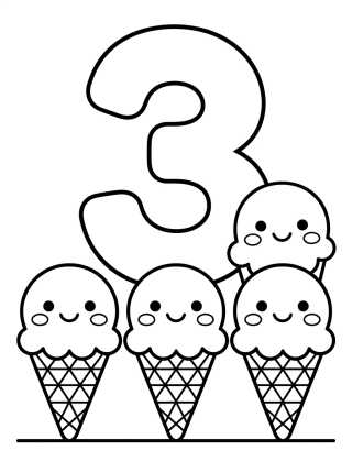 Desenho de Número 3 com Três Sorvetes para colorir e imprimir grátis