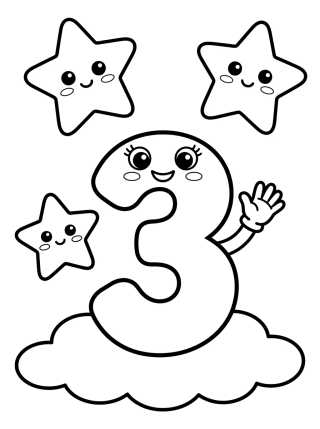Desenho de Número 3 Divertido com Três Estrelinhas para colorir e imprimir grátis