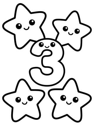 Número 3 e Três Estrelinhas para colorir Desenho de Número 3 e Três Estrelinhas para colorir e imprimir grátis