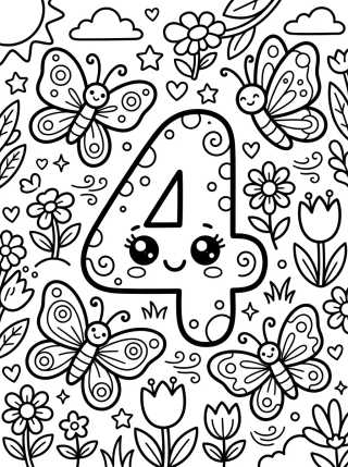 Número 4 com Borboletas para colorir Desenho de Número 4 com Borboletas para colorir e imprimir grátis