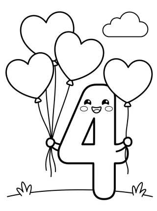 Desenho de Número 4 com Quatro Balões para colorir e imprimir grátis