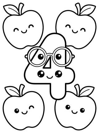 Desenho de Número 4 Estudioso com Maçãs para colorir e imprimir grátis