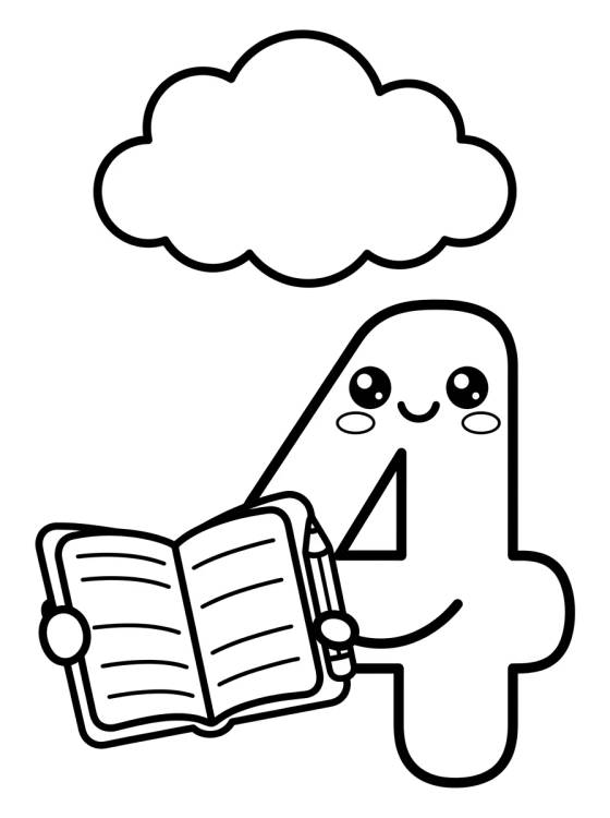 Desenho de Número 4 Sorridente com Caderno para colorir e imprimir grátis