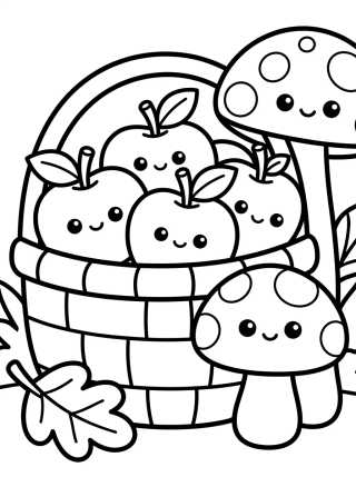Cesta de Maçãs e Cogumelos para colorir Desenho de Cesta de Maçãs e Cogumelos para colorir e imprimir grátis