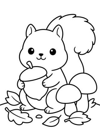 Desenho de Esquilo Kawaii com Noz e Folhas Secas para colorir e imprimir grátis