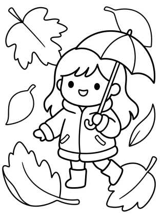 Desenho de Menina brincando nas Folhas de Outono para colorir e imprimir grátis