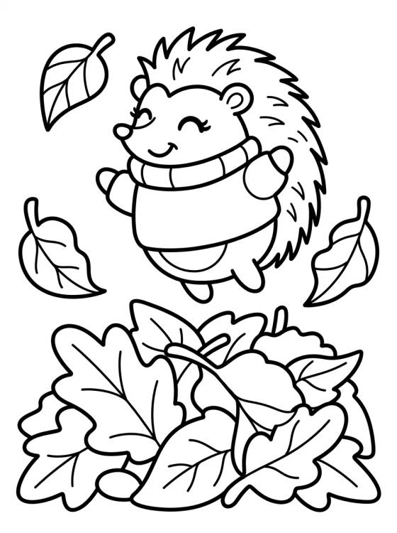 Desenho de Ouriço Pulando na Pilha de Folhas para colorir e imprimir grátis