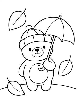 Desenho de Ursinho com Guarda-Chuva no Outono para colorir e imprimir grátis