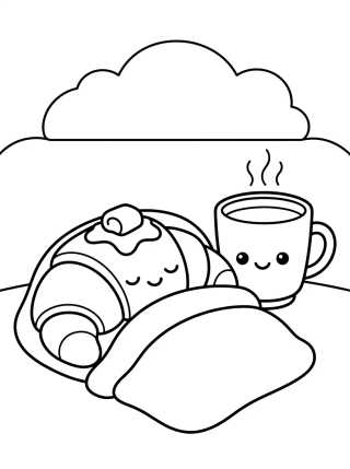 Desenho de Croissant Fofinho com Xícara de Leite para colorir e imprimir grátis