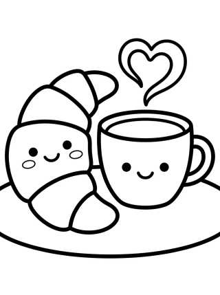 Desenho de Croissant Kawaii com Xícara de Café para colorir e imprimir grátis