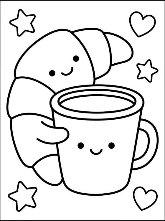 Desenho de Croissant Sorridente e Café para colorir e imprimir grátis