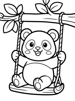 Desenho de Panda Fofo no Balanço na Árvore para colorir e imprimir grátis