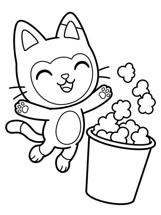 Desenho de Pandy Gato Brincando com Pipoca para colorir e imprimir grátis