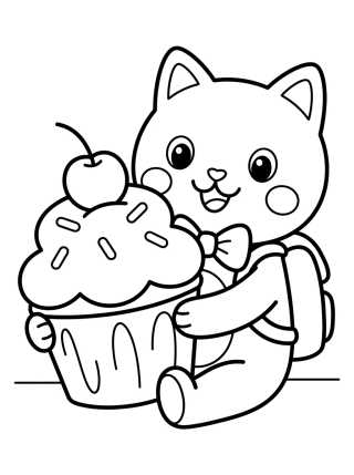 Desenho de Pandy Gato Comendo Cupcake Doce para colorir e imprimir grátis