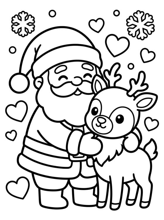 Desenho de Papai Noel com Rena Fofinha para colorir e imprimir grátis