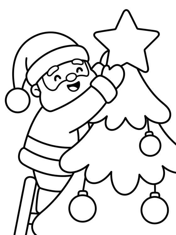 Desenho de Papai Noel e a Árvore de Natal para colorir e imprimir grátis