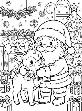 Desenho de Papai Noel e Rena Fofinha para colorir e imprimir grátis