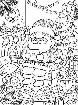 Desenho de Papai Noel Lendo Cartas de Natal para colorir e imprimir grátis
