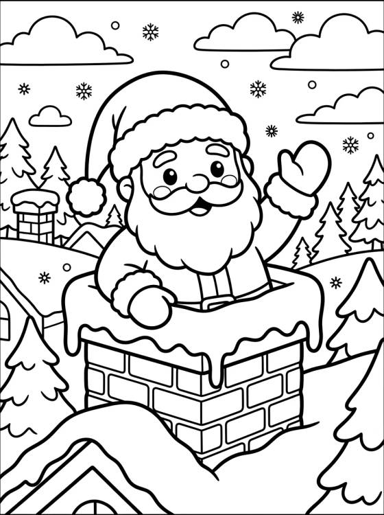 Desenho de Papai Noel Saindo da Chaminé para colorir e imprimir grátis