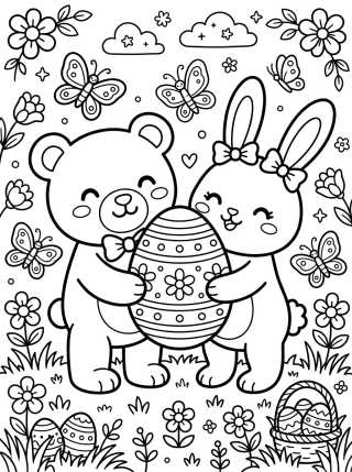 Desenho de Ursinho e Coelho Amigos na Páscoa para colorir e imprimir grátis
