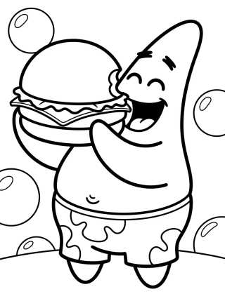 Desenho de Patrick Estrela Comendo Hambúrguer de Siri para colorir e imprimir grátis