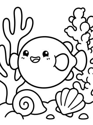 Desenho de Peixe-Bolha Fofinho no Fundo do Mar para colorir e imprimir grátis